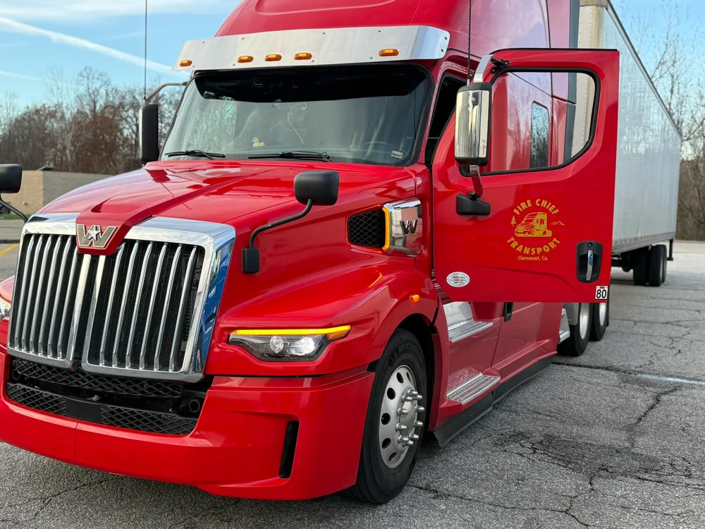 Fire Chief Transport's 2024 Western Star, front three-quarter view